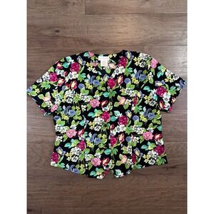Christie & Jill Womens XL Floral Button Up Blouse Short Sleeve V-Neck Black